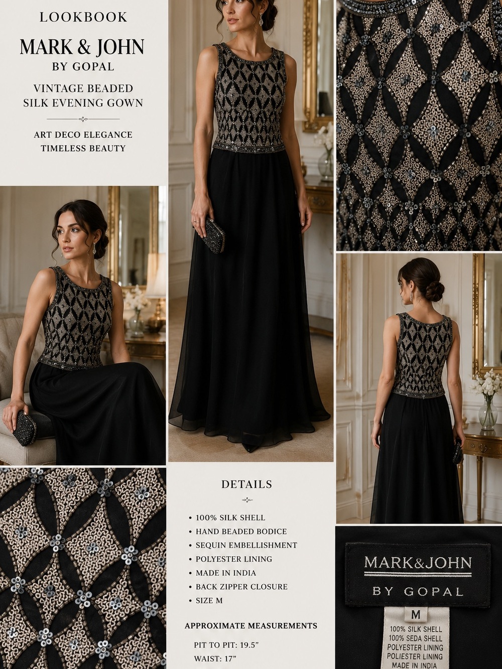 Mark & John by Gopal Black Silk Evening Gown with Beaded Bodice